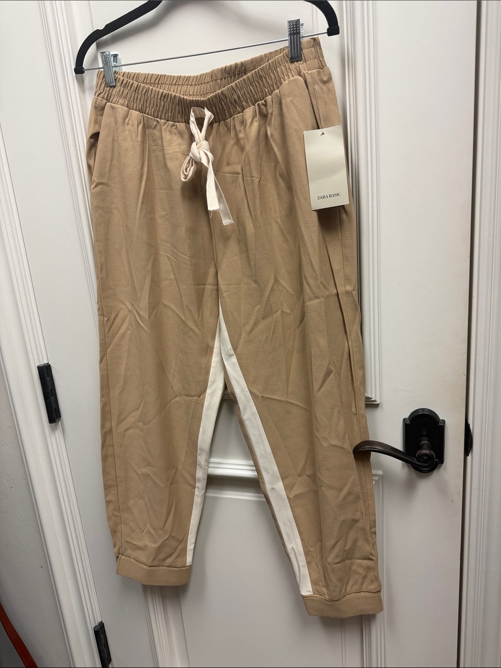 Zara khaki Beige Joggers trousers pants capri White Side Stripe knit vintage
